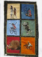 Batik with women, musician, gecko, women bicyclists and rhinoceros from Harare, Zimbabwe