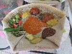 Beyeyanetu, vegan platter on injera, Woreta, Ethiopia